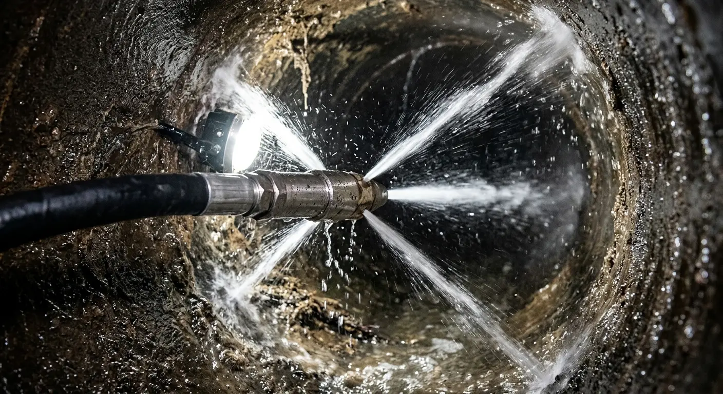 High-pressure hydro jetting nozzle cleaning sewer pipe for Emergency Drain Service in Sunset