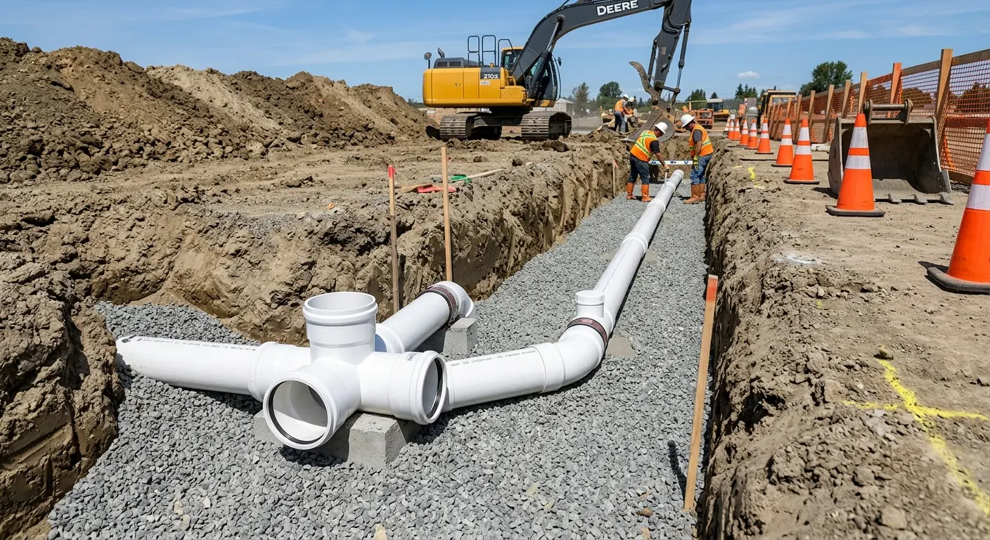 New PVC sewer pipe installation in open trench for Sewer Backup in Sunset