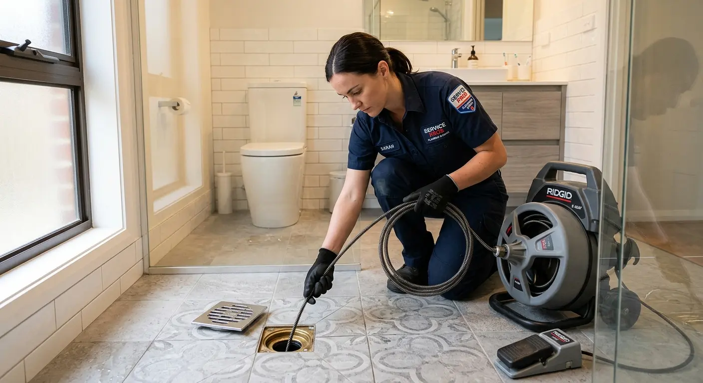 Technician clearing a bathroom floor drain for Sewer Line Replacement in Sunset